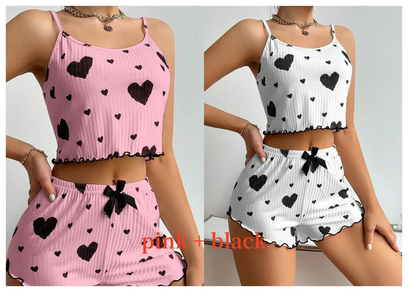 Damen-Pyjama-Set, Nachtwäsche, 2-teilig, kurze Tanktops und Shorts, S, M, L, weiß, belüftet, weich, lässig, Liebesdruck