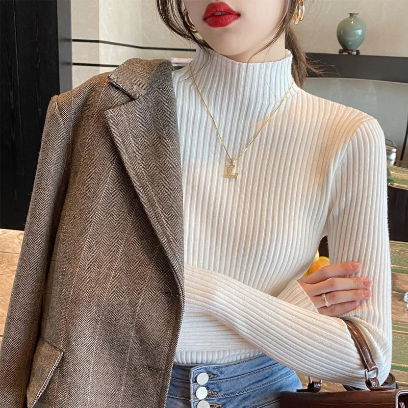 Winter Langarm Mock Neck Gestrickte Frauen Pullover Pullover Schlank Stricken Pullover Frauen Tops Blusas Mujer De Moda 2024 Blusa J995