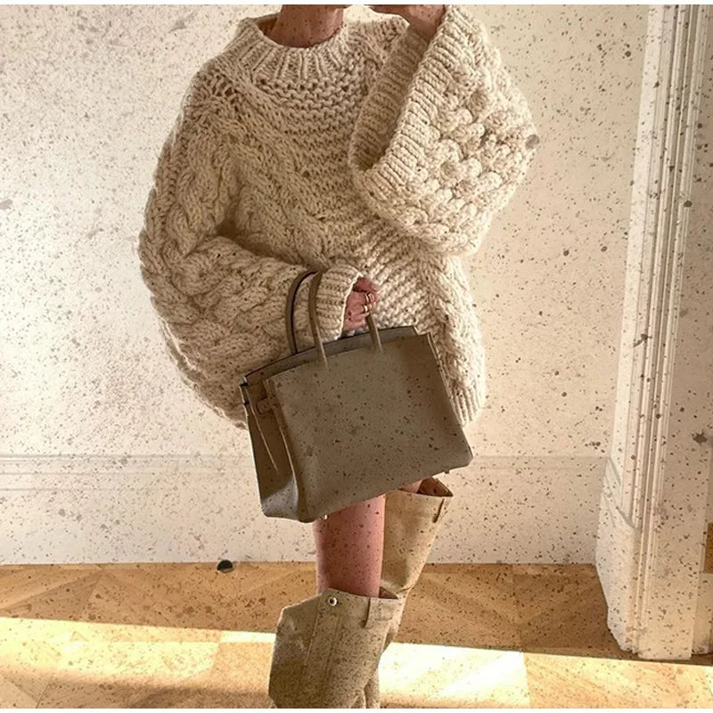 Damen lose dicke Linie Strick pullover o Hals Laterne Ärmel Strickwaren Herbst Winter solide passen alle Pullover Mode Pullover