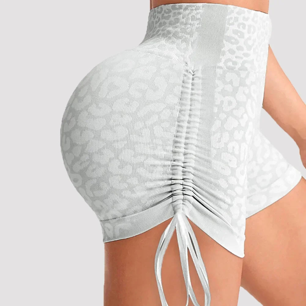 Women High Waist Yoga Shorts Side Drawstring Sexy Leopard Print Sports Shorts Gym Athletic Running Leggings Workout Shorts.