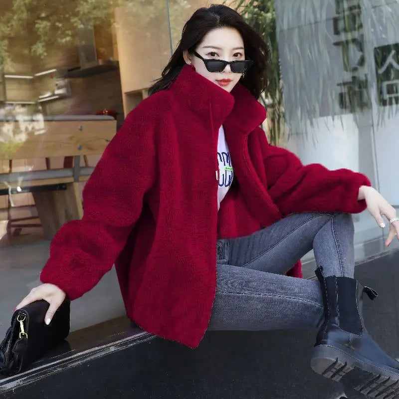 Frauen Winter Doppel Korallen Fleece Warme Mantel Stehkragen Plüsch Dicken Mantel Weibliche Mode Casual Langarm Zipper Kleidung