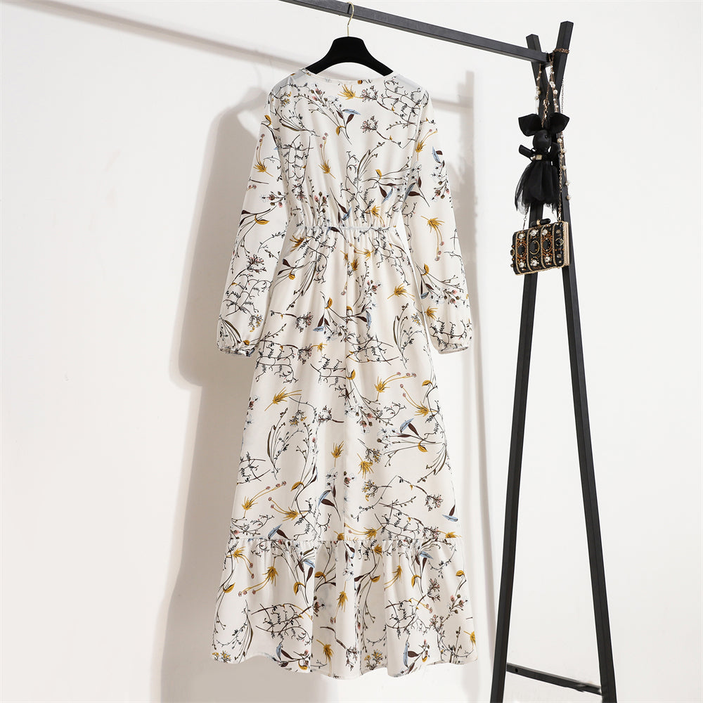 Frühling Sommer Frauen Maxi Kleider Casual Volle Hülse Floral Gedruckt Oansatz Frau Bohe Strand Party Lange Kleid Mujer Vestidos