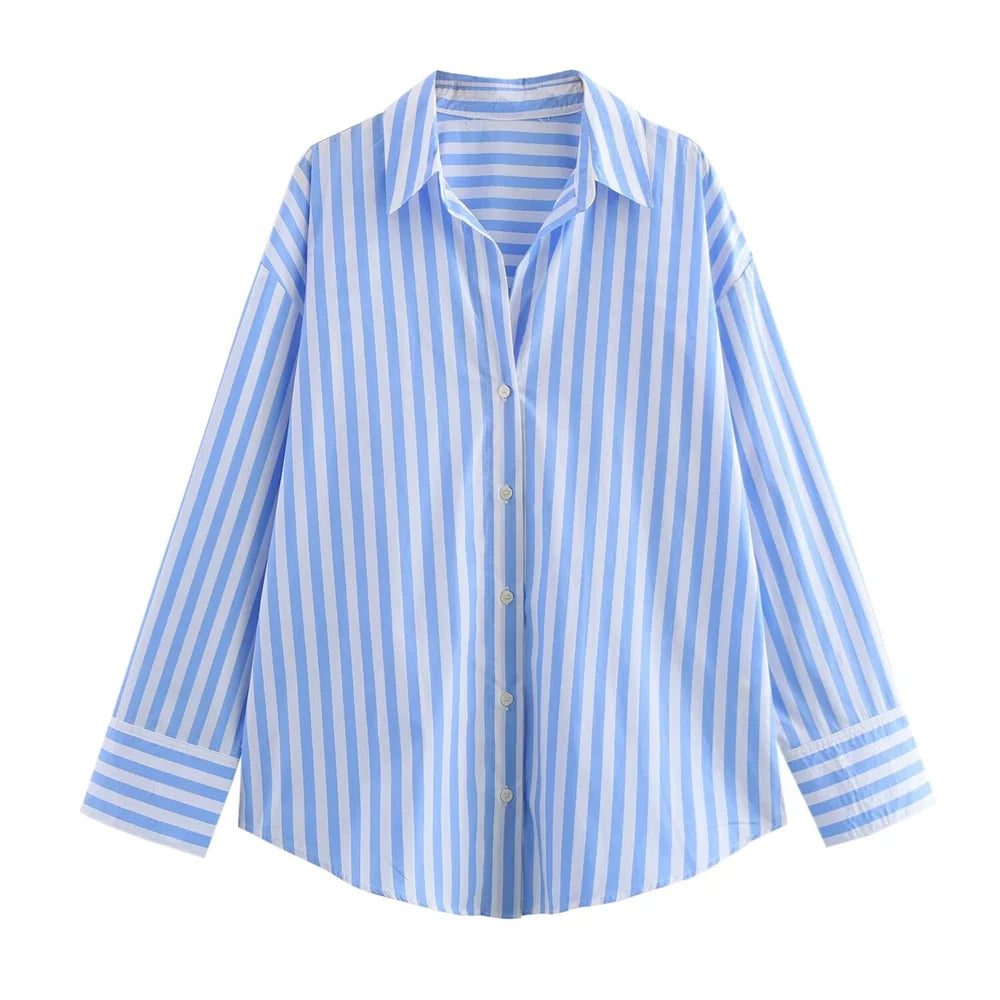 women's striped loose shirt with collar decoration for spring and summer new casual women's clothing.