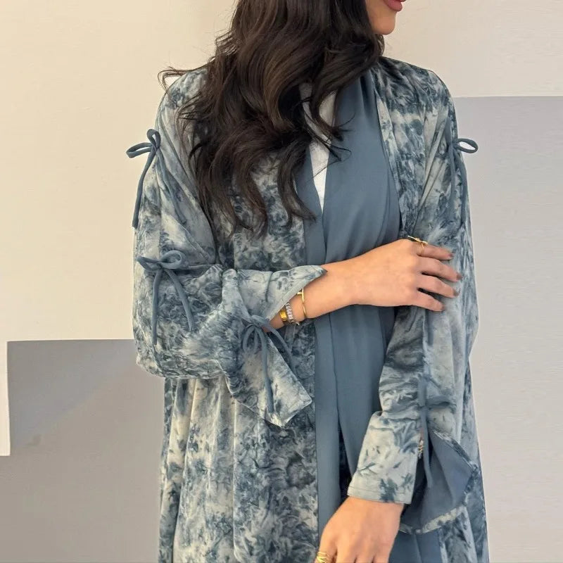 2025 sommer Arabisch Frauen Muslimische Kleidung Ramadan Dubai Offene Abaya Kleid mit Hijab Islam Gedruckt Chiffon 2 Stück Outfit