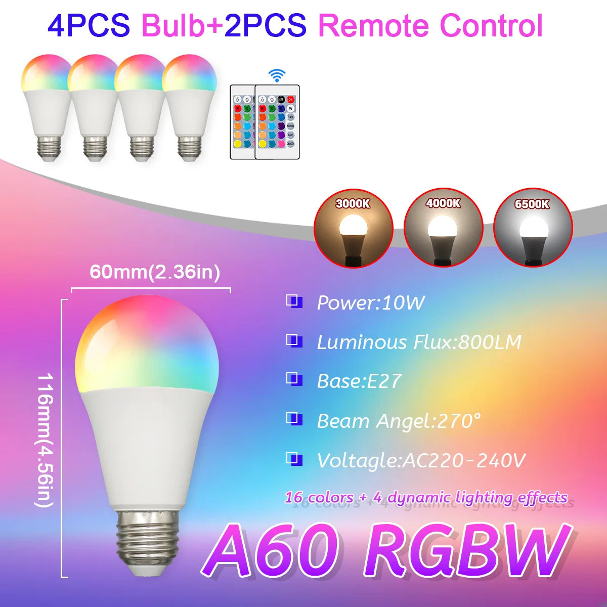 E27 RGB LED Light Bulb 220V 10W with IR Color Changing Control Remote Multicolor + White Lamp Spotlight for Bedroom Party Home