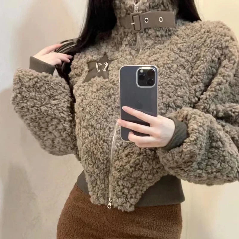 Winter Lamm Wolle Vintage Jacke Frauen Stehen Kragen Faul Wind Casual Zipper Mäntel Langarm 3D Dekoration Lose Geerntete Jacken