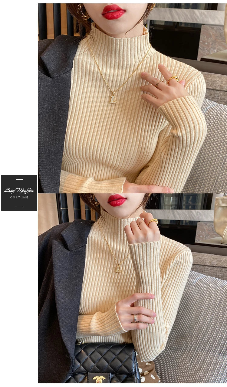 Winter Langarm Mock Neck Gestrickte Frauen Pullover Pullover Schlank Stricken Pullover Frauen Tops Blusas Mujer De Moda 2024 Blusa J995
