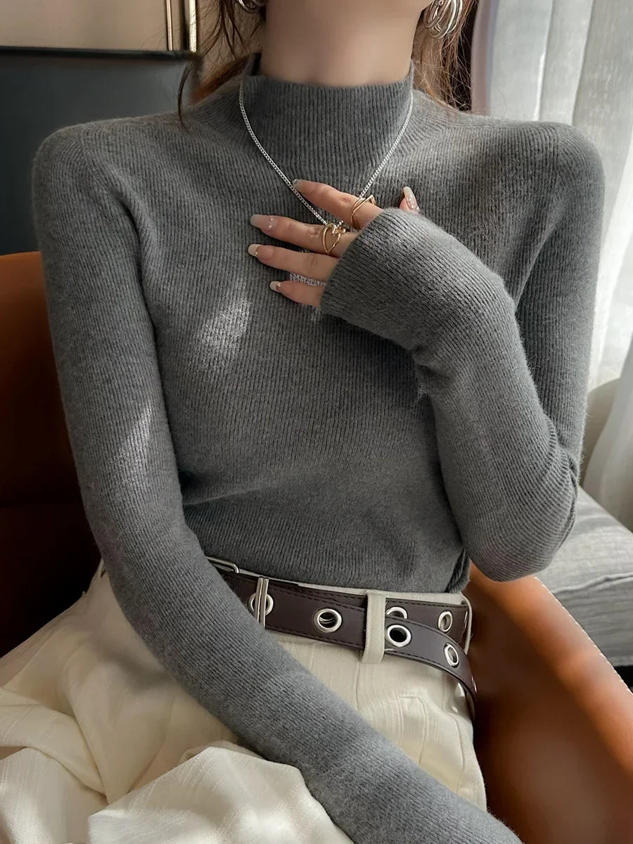 Herbst Winter Pullover Pullover Bodenbildung Shirt Frauen Gestrickte Shirts Weibliche Lange Hülse Mock Neck Elastische Dünne Pullover Stricken Tops