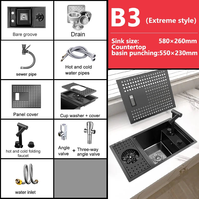 Versteckte Küchenspüle aus Edelstahl, Unterbau, Mini-Einzelschlitz, klein, multifunktional, für Wohnmobile, Café, Bar, Waschbecken mit Deckel, Gartenbalkon