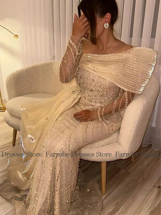 Saudi Arabia Luxury Evening Dresses Jersey Mermaid/Trumpet Celebrity Gown Ivory Off-the-shoulder Pearls Beading Prom Dress Long.