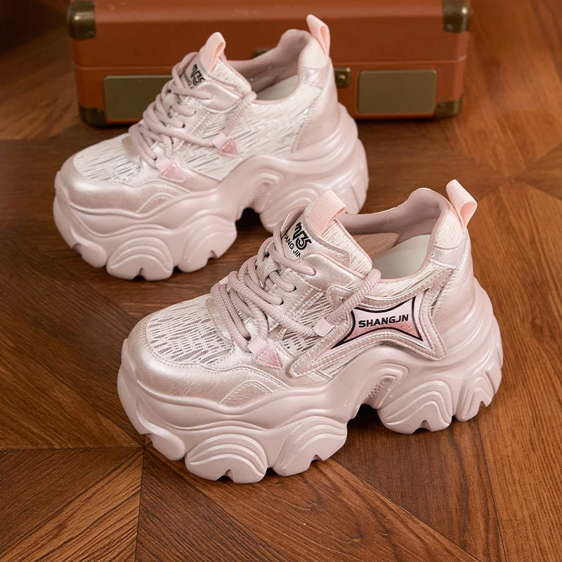 AUTUSPIN 10cm Pink Thick Soled Shoes for Summer Women Breathable Lace-up Ladies Sneakers Outdoor Casual Fashion Platform Shoes