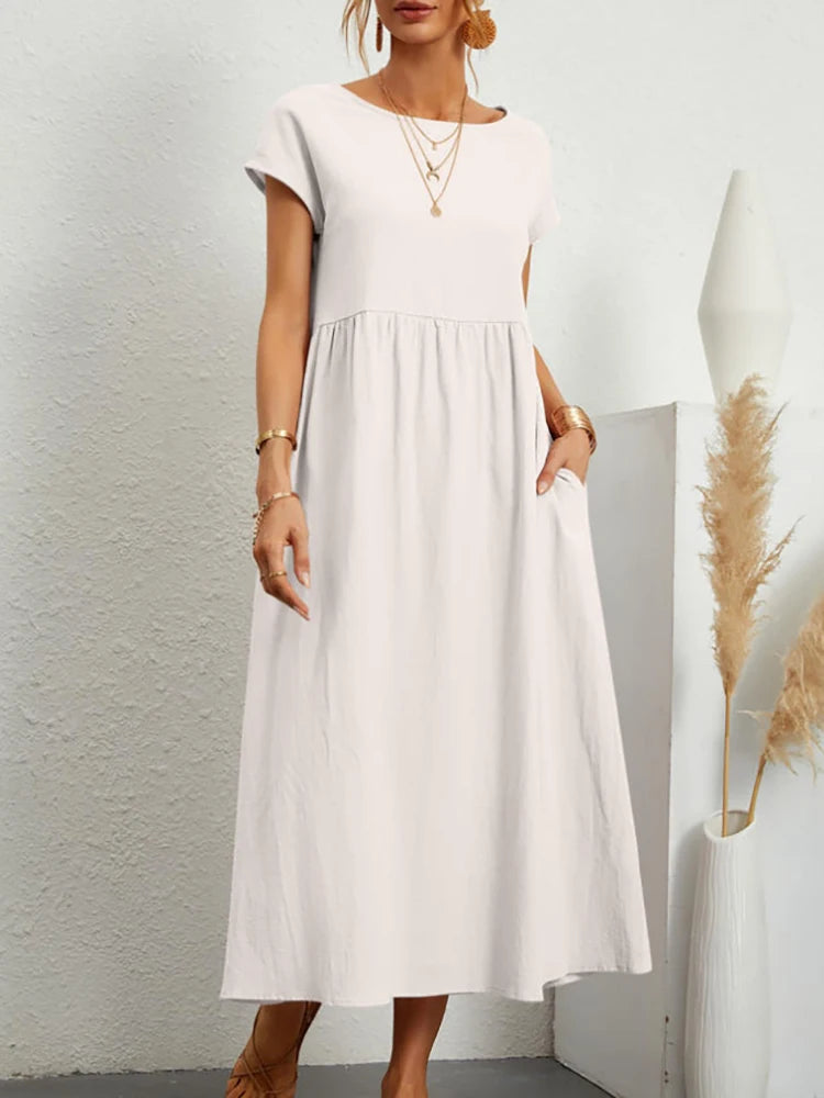 Vintage Solide Midi Kleid Casual Kurzarm Baumwolle und Leinen Harajuku Übergroßen Langes Kleid Frauen Sommer Y2K Maxi Sommerkleid 2023