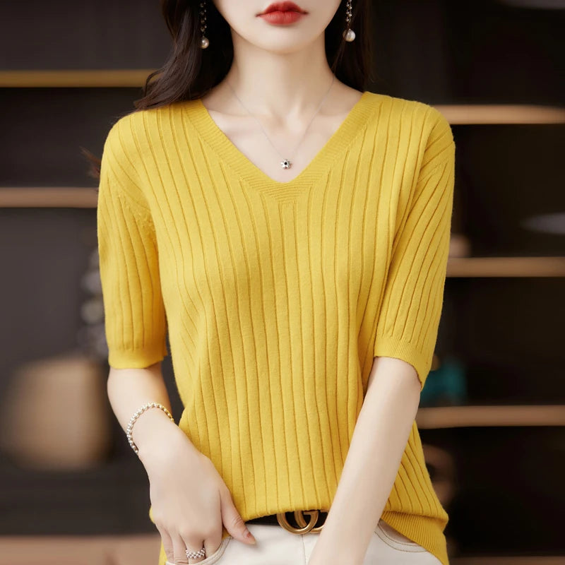 Frauen Pullover Frühling Sommer Kurzarm V-ausschnitt Strick Hemd Casual Koreanische Pullover Streifen Bodenbildung Shirt Slim Fit Jumper