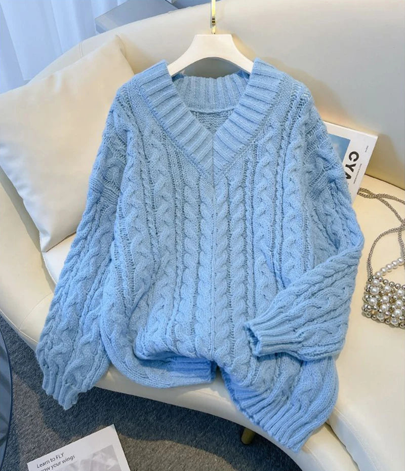 MEXZT Harajuku Pullover Frauen Mode Übergroßen Rosa V-ausschnitt Gestrickte Pullover Koreanische Langarm Strickwaren Winter Casual Jumper