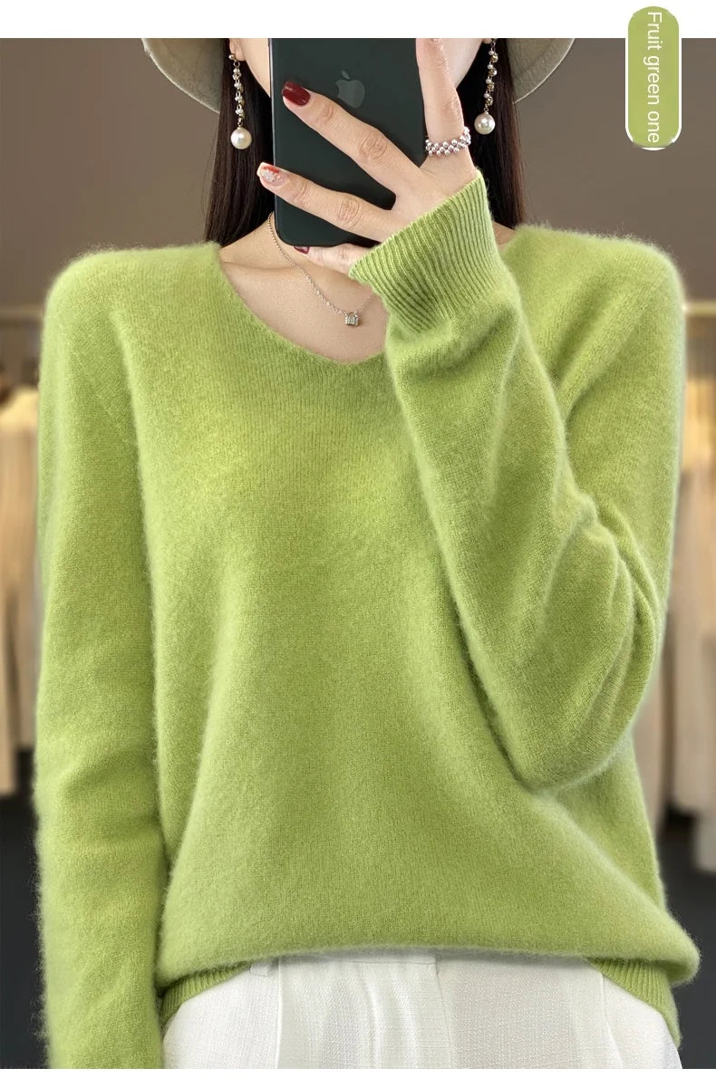2024 100% Merino Reine Wolle V-ausschnitt Herbst Und Winter Pullover Pullover Neue Kaschmir Pullover frauen Beiläufige Gestrickte Top DMR201