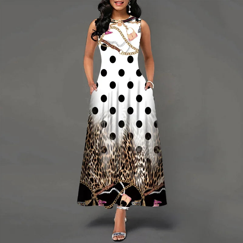 Blumendruck Neues lässiges ärmelloses langes Kleid Damen V-Ausschnitt bedrucktes Kleid Swing Bohemian Retro Kleider