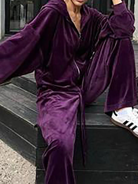 Women Autumn Hooded Coat Two Pieces Sets, Solid Patchwork Wide Leg Pants Chic Outfit, New Long Sleeve Casual Simple Ladies Suits.