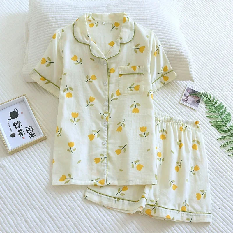 Neue 100% Baumwolle Kurzarm Shorts Damen Pyjama Set niedlichen Cartoon Pyjamas japanische einfache kurze Pyjamas Frauen Nachtwäsche