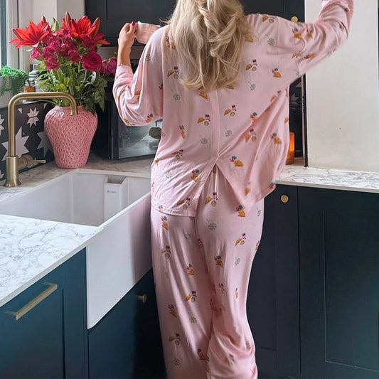 Maemukilabe Women Y2K Floral Pajama Set Long Sleeve Shirt and Pants Set Vintage 2 Piece Lounge Set Cute Bow Pjs Sleepwear.