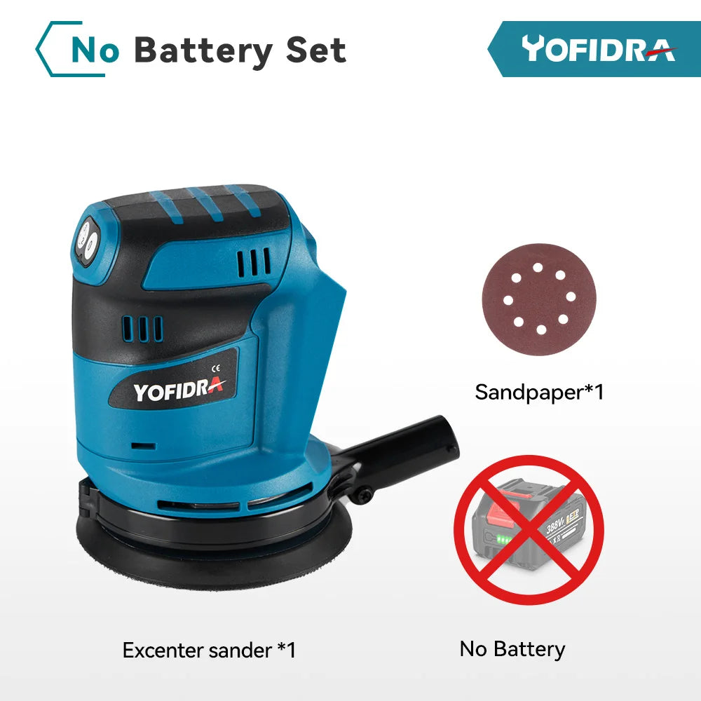 YOFIDRA Elektrische Exzenterschleifer 125 MM Akku-schleifen Schleifen Polieren Maschine Holzbearbeitung Power Tool Für Makita Batterie Pin