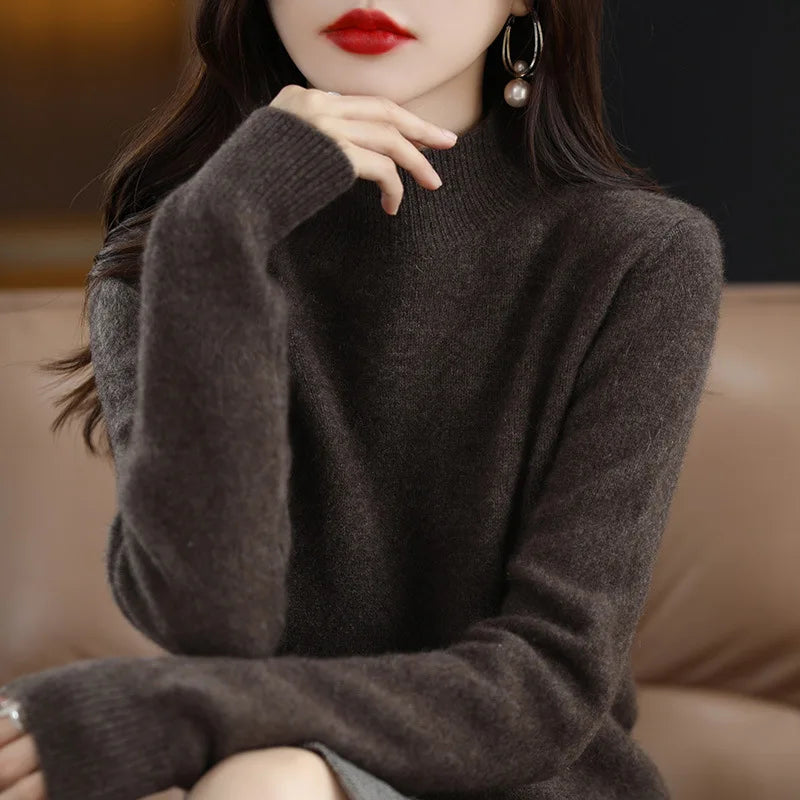 Herbst Winter Frauen Pullover Koreanische Mode Warme Bodenbildung Shirts Halb Hohe Kragen Grundlegende Strickwaren Solide Langarm Pullover