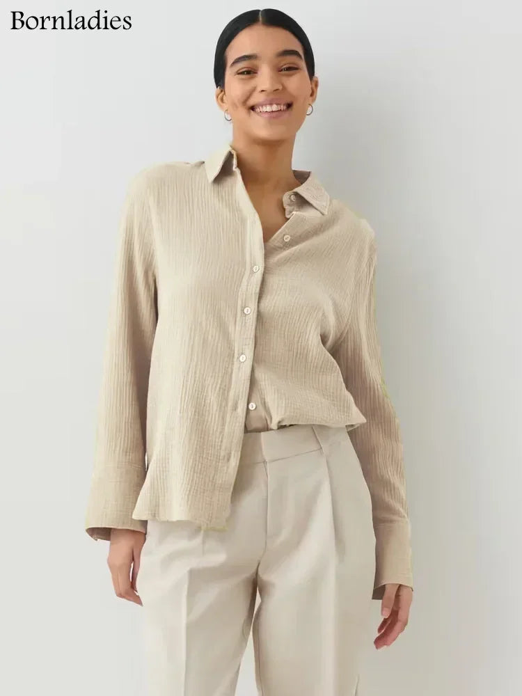 Bornladies 2025 Women's Spring Summer 100% Cotton Shirts Office Lady Fashionable Solid Lady Long Sleeve Loose Tops Crepe Shirts