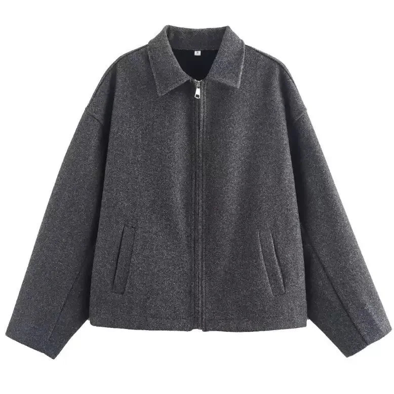 Mode Braun Zipper Woolen Jacke Für Frauen Elegante Revers Langarm Kurze Mäntel Weibliche Vintage Herbst Dame Straße Oberbekleidung