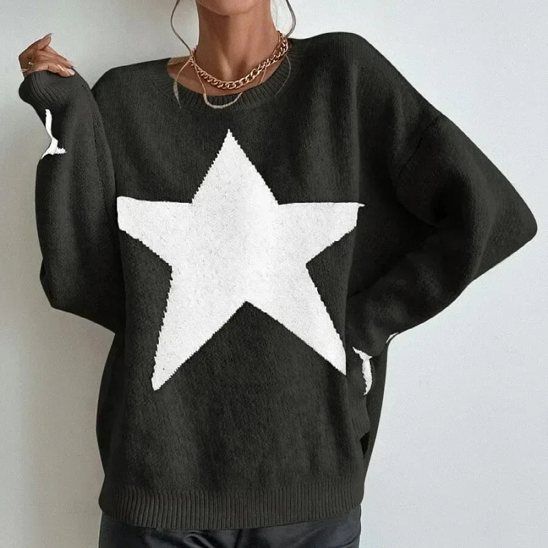 Stern Pullover Pullover Frauen Herbst Frühling Einfache Strick Elastische Pullover Jumper Casual Dicke Warme Schwarz Weiß Grundlegendes Jumper