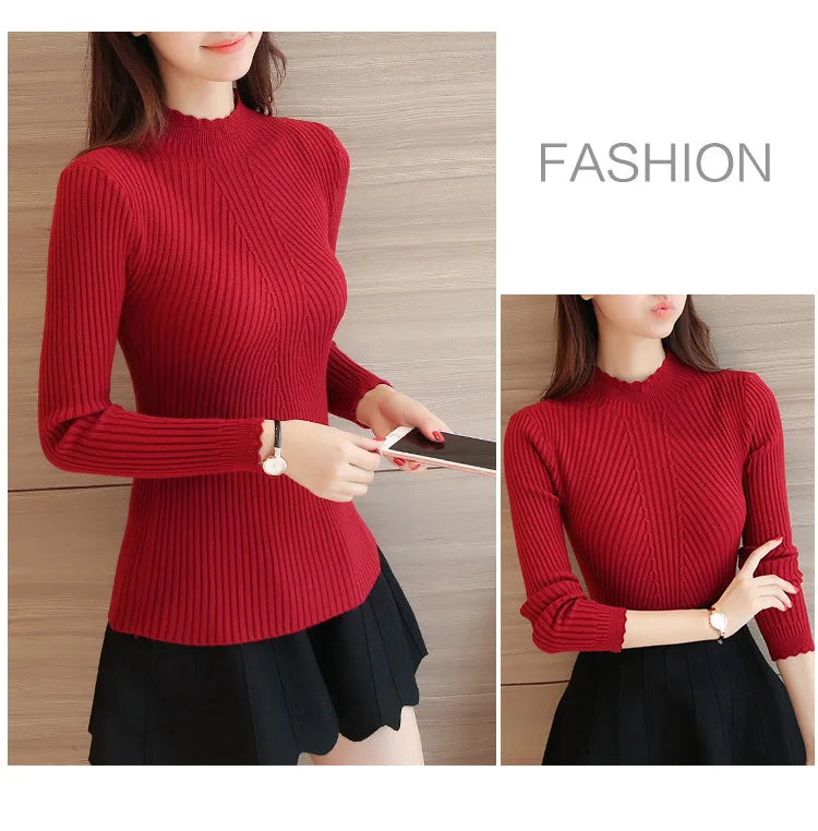 2025 herbst Frauen Mock Neck Rüschen Pullover Langarm Gestrickte Bodenbildung Solide Pullover Streifen Frauen Casual Pullover Winter