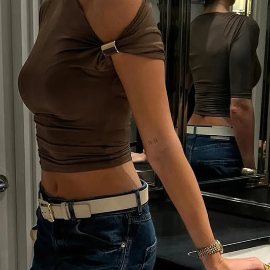 Cryptographic One Shoulder Asymmetrical Tops Summer Fashion Outfits Embellished Sexy Backless Solid Cropped Top Streetwear.