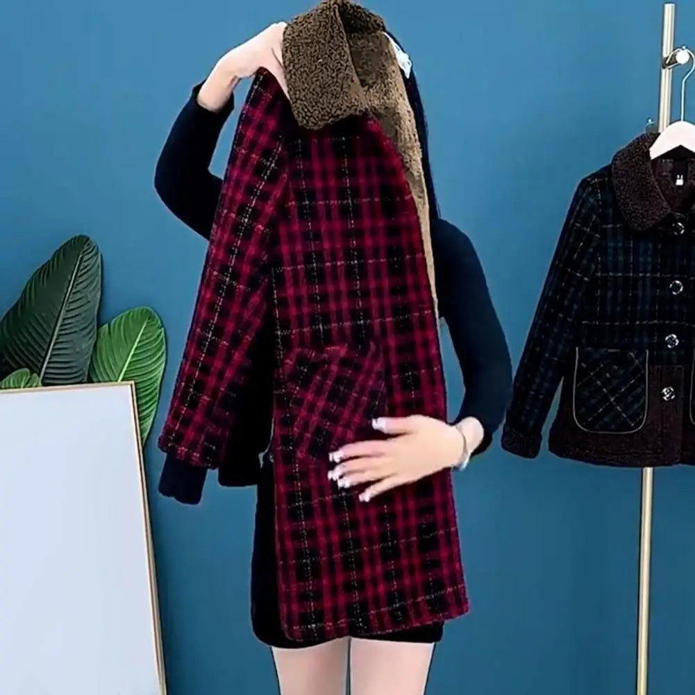 Frauen Plaid Mantel Karierten Winter Mutter Jacke Taschen drehen-unten Kragen einreiher Mid Länge Mantel Mid-aged frauen Mantel