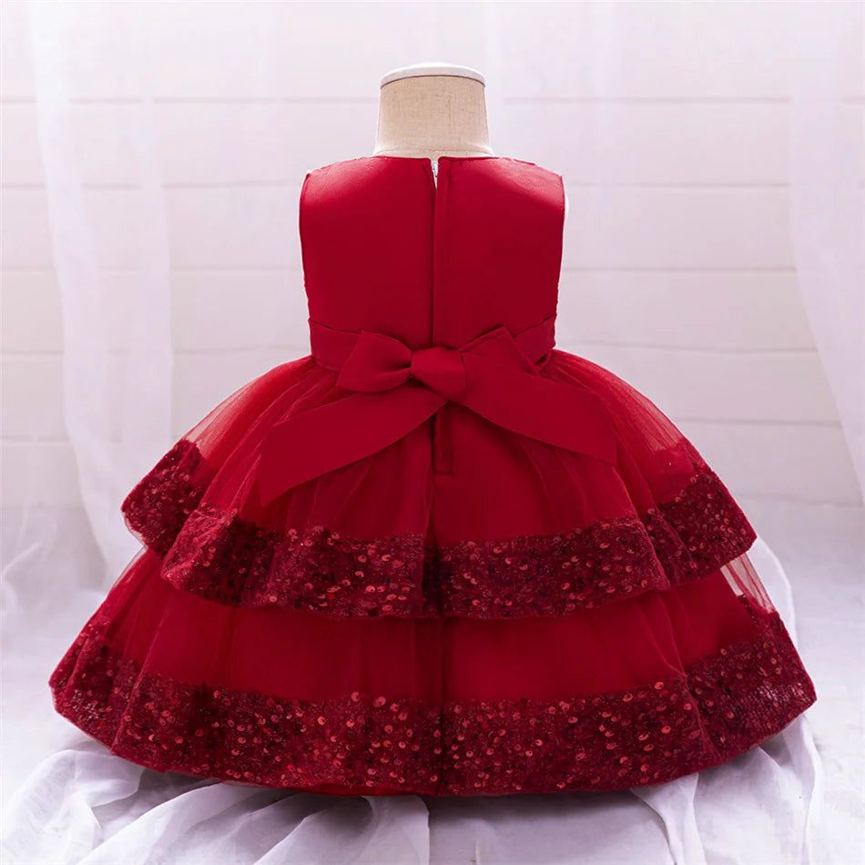 Kleinkind Rot Pailletten Mesh Kleid Mädchen Baby Einfarbig Neue Jahr Party Formale Kostüm Leistung Prinzessin Kleid Geburtstag Kleidung