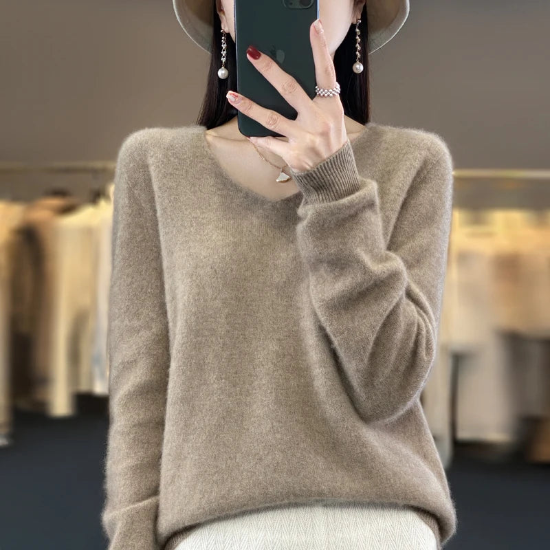 2024 100% Merino Reine Wolle V-ausschnitt Herbst Und Winter Pullover Pullover Neue Kaschmir Pullover frauen Beiläufige Gestrickte Top DMR201