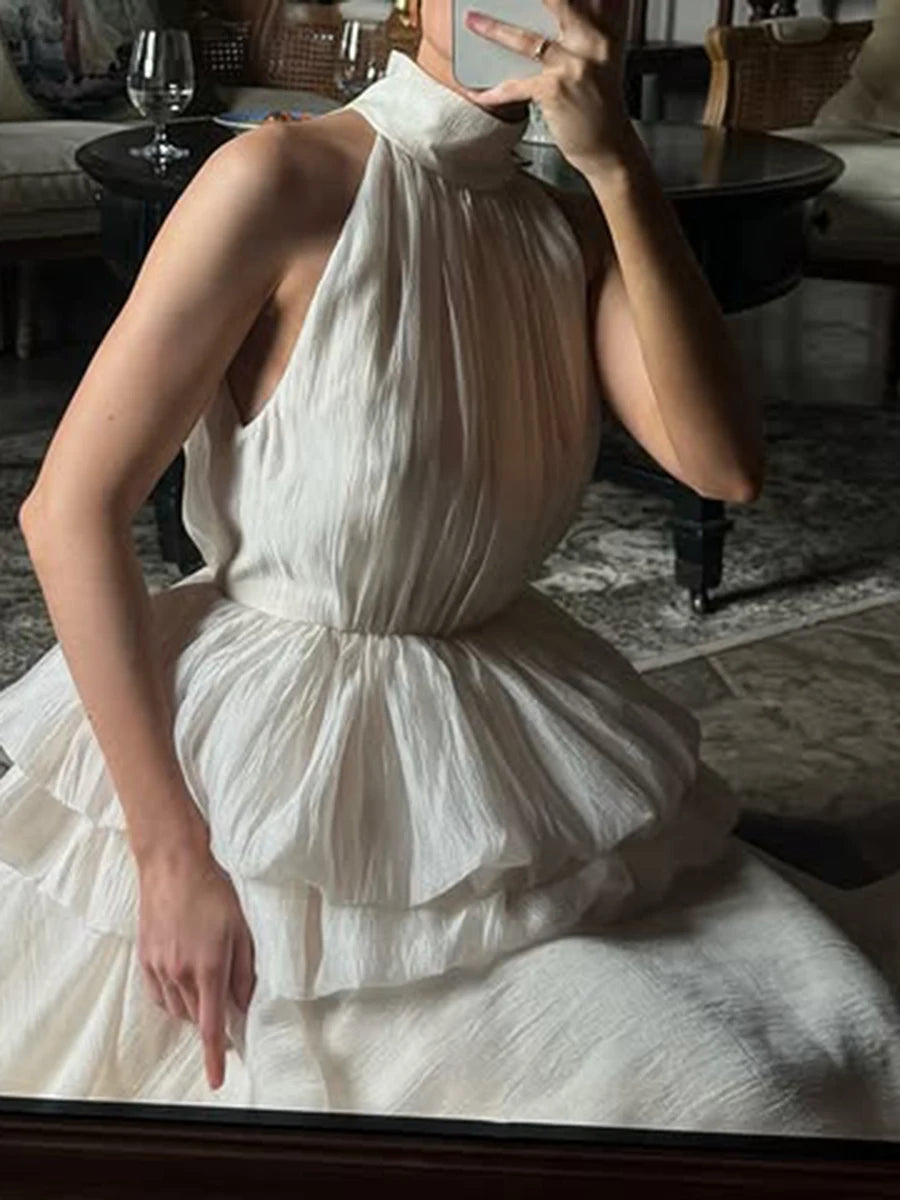 VGH Solide Abend Gespleißt Rüschen Maxi Kleider für Frauen High Neck Ärmellose Tunika Temperament Zeremonie Kleid Weibliche Kleidung