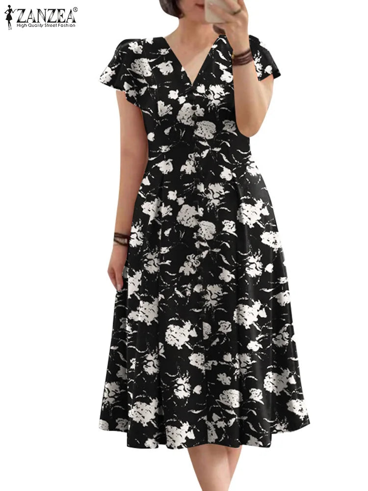 ZANZEA Damen-Sommerkleider, Rüschenärmel, V-Ausschnitt, Cinch-Taille, Damen, elegant, Blumendruck, Party, Pendeln, A-Linie, Midi-Sommerkleid