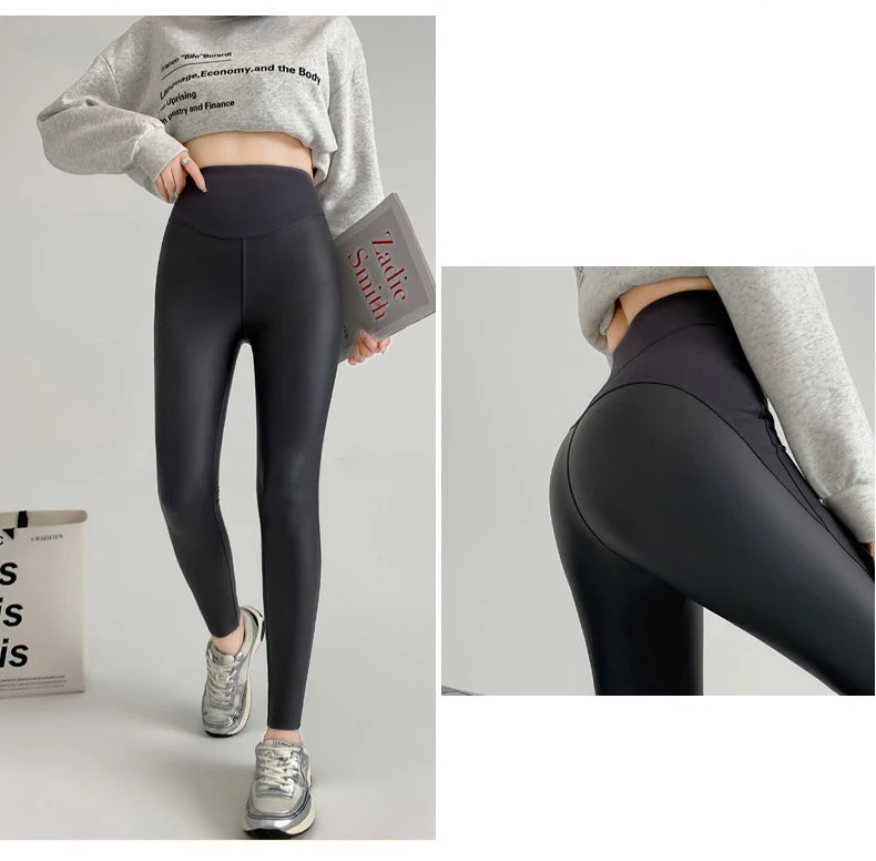 BIVIGAOS Herbst Neue Enge Stretch Leder Hosen Frauen Sharkskin Hohe Taille Spleißen PU Leder Fleece Sexy Leggings Winter Warm