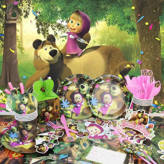 Mashas und Bär Geburtstag Party Dekoration Cartoon Thema Luftballons Kinder Event liefert Einweggeschirr Hintergrund.