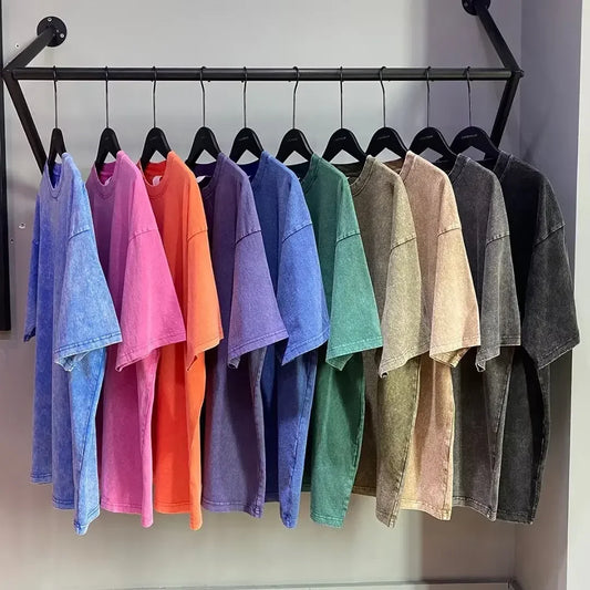 American Style Retro Heavyweight Solid Color Short Sleeved T-shirt Men Women Summer Street Trendy Washed Old Oversized Clothes.