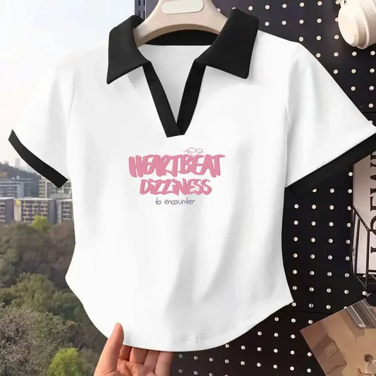Color Block Polo Neck Short Sleeve T-Shirt Women's Fashion Summer Top plus Size Small Figure Friendly Cotton Blend T-Shirt.
