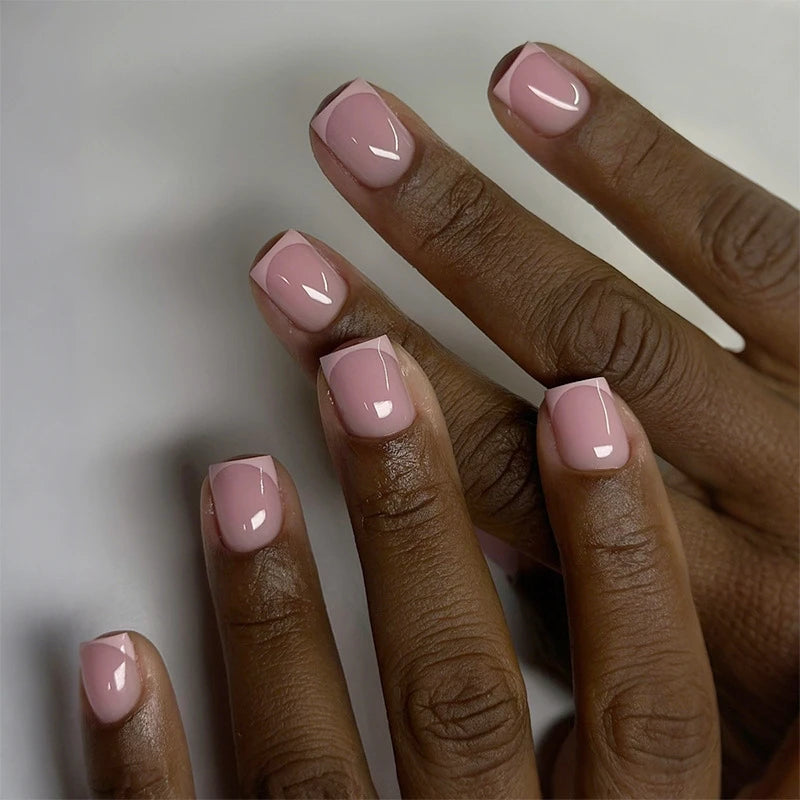 24Pcs Nude Color Fake Nails Short Square Head Press on Nails White Heart Printed Valentine's Day Full Cover False Nails Tips.