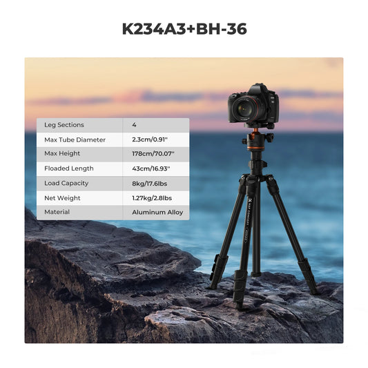 K&F Concept 178cm Lightweight Camera Tripod Cellphone Clip Travel DSLR Tripod for Nikon Canon Camera Outdoor Live Streaming Vlog.
