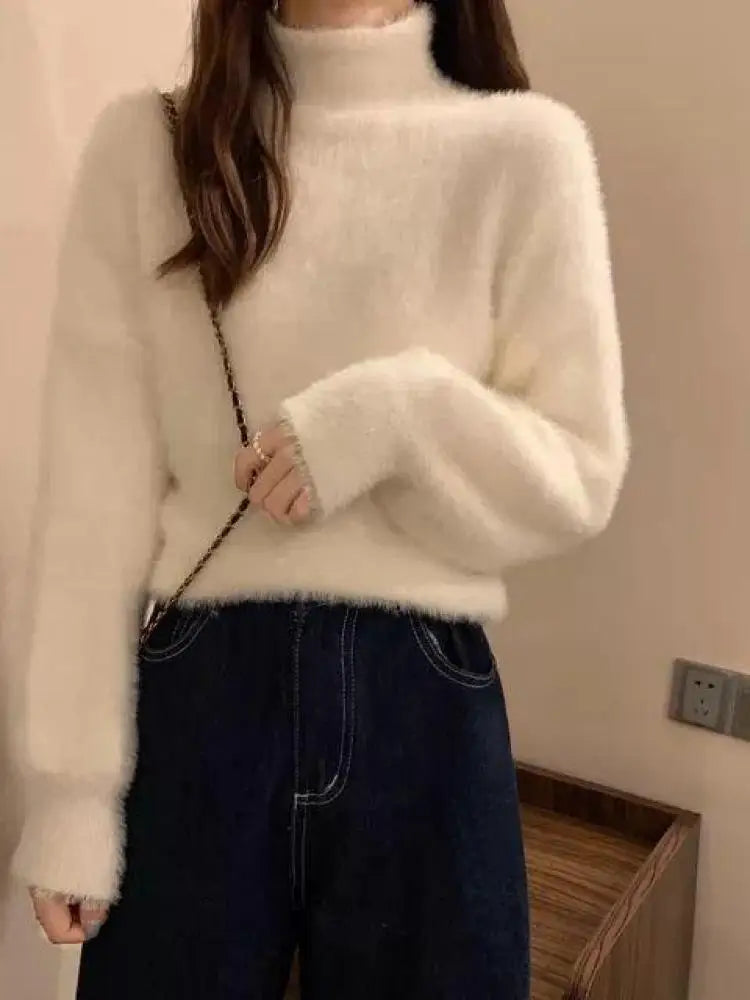 2025 frauen Gestrickte Tops Winter Imitieren Nerz Wolle Heißer Fleece Weibliche Rollkragen Elastische Beiläufige Pullover Weiche Warme Pullover