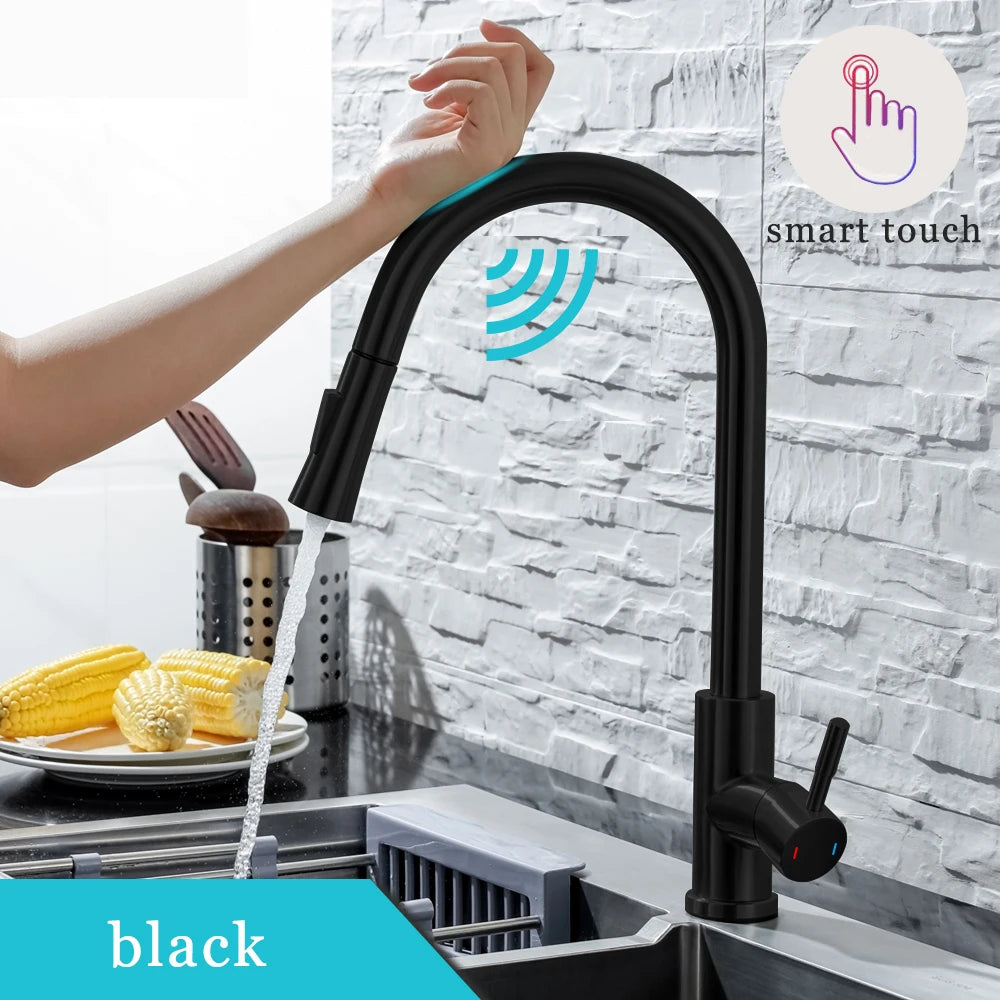 DQOK Kitchen Faucet Pull Out Brushed Nickle Sensor Stainless Steel Black Smart Induction Mixed Tap Touch Control Sink Tap