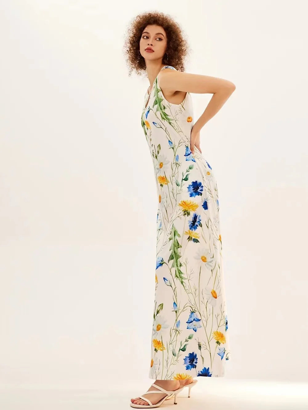 Blumendruck Neues lässiges ärmelloses langes Kleid Damen V-Ausschnitt bedrucktes Kleid Swing Bohemian Retro Kleider