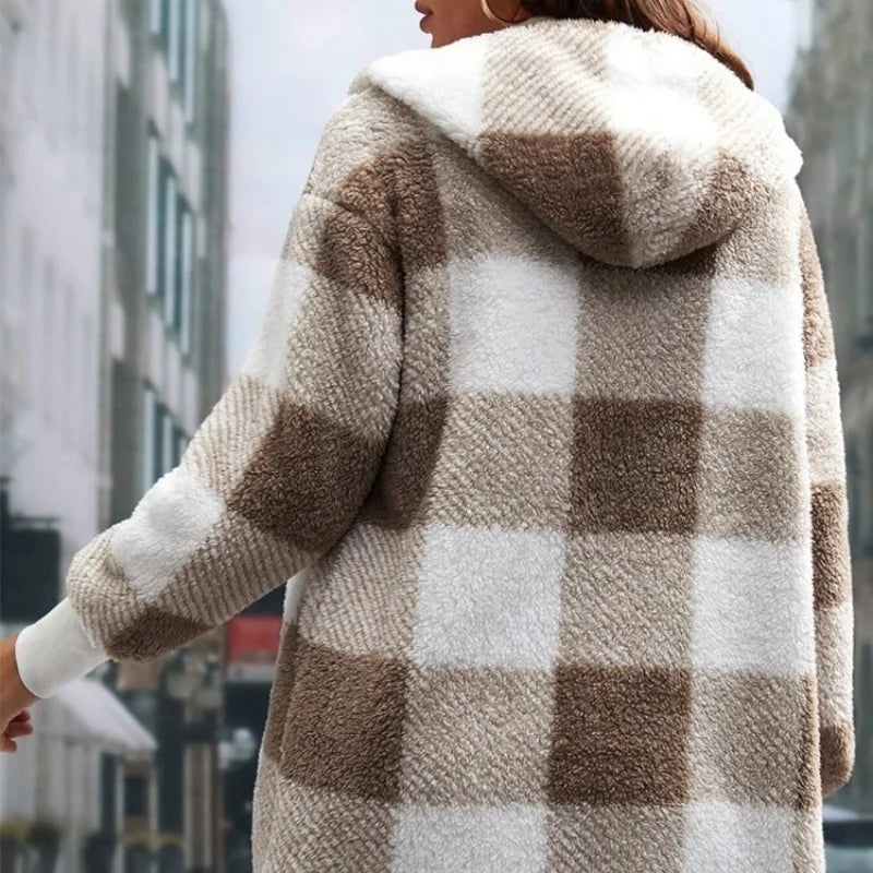 Frauen Herbst Winter Doppel Fleece Plaid Strickjacke Weiche Lose Lange Hülse Plüsch Warme Mit Kapuze Jacke Weibliche Patchwork Oberbekleidung Mantel