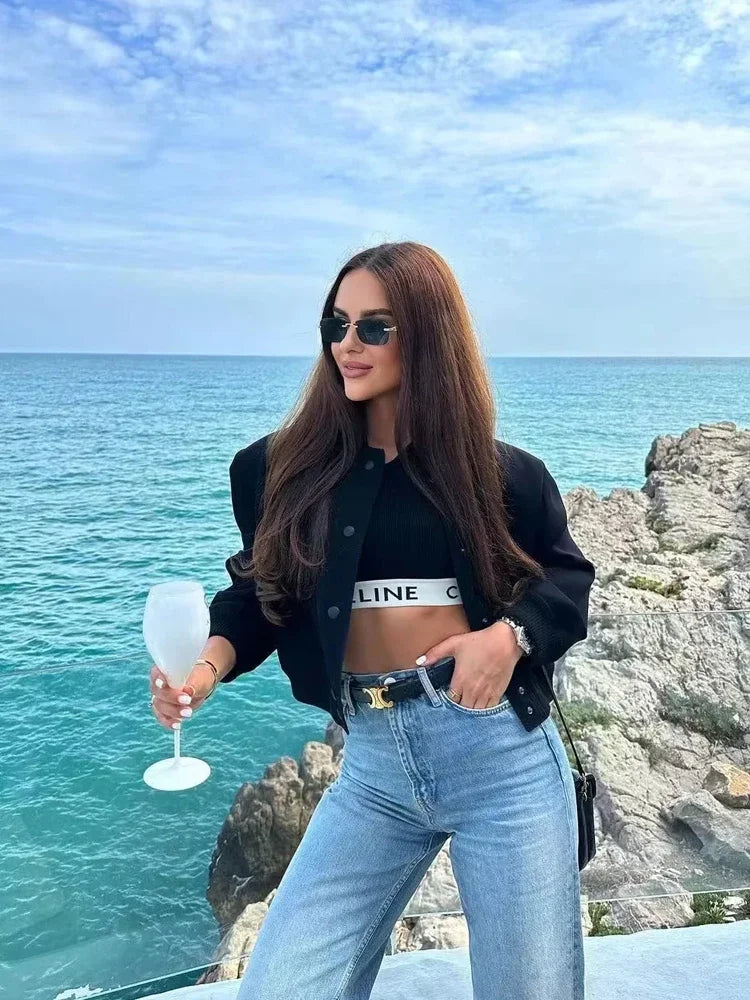 1PCS Frau Bomber Jacke Mantel Weiß Herbst Winter Taste Baseball Aviator Gestellte Jacken für Frauen Langarm Crop Oberbekleidung