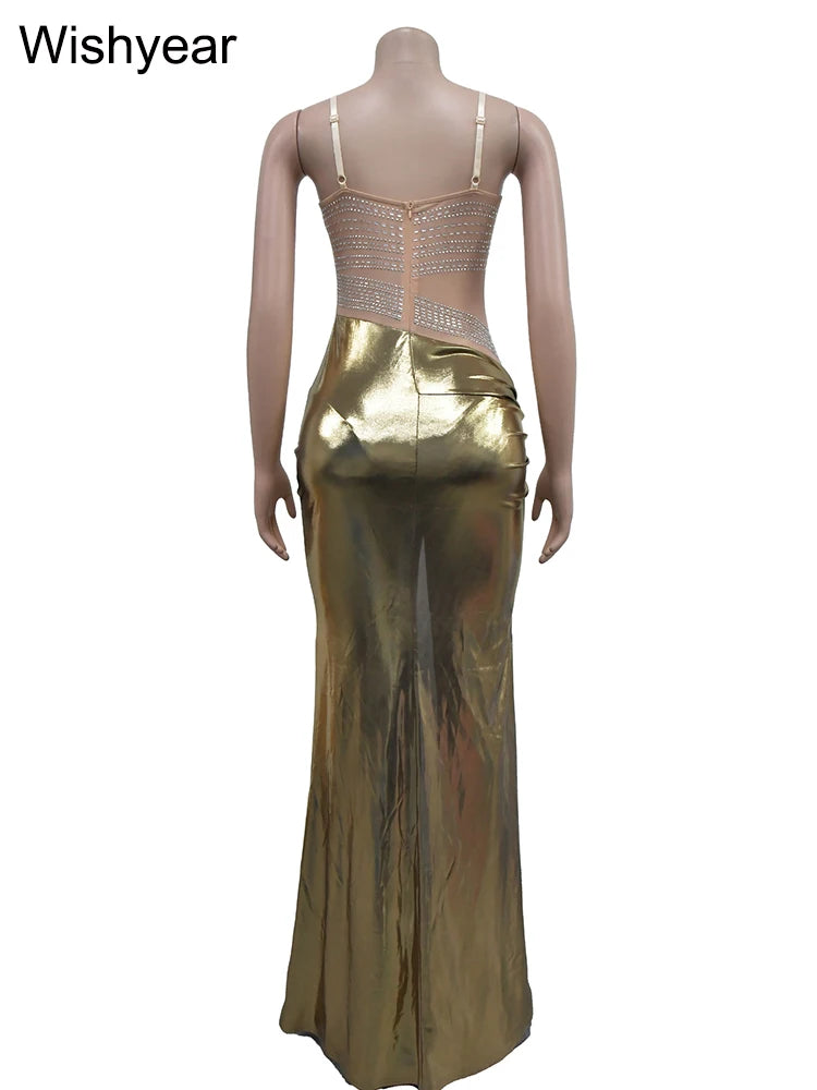 Wisheyar elegante Promi Glitter Metallic Silber Geburtstag lange Kleider Frauen ärmellose Front Split Luxus Geburtstag Vestidos