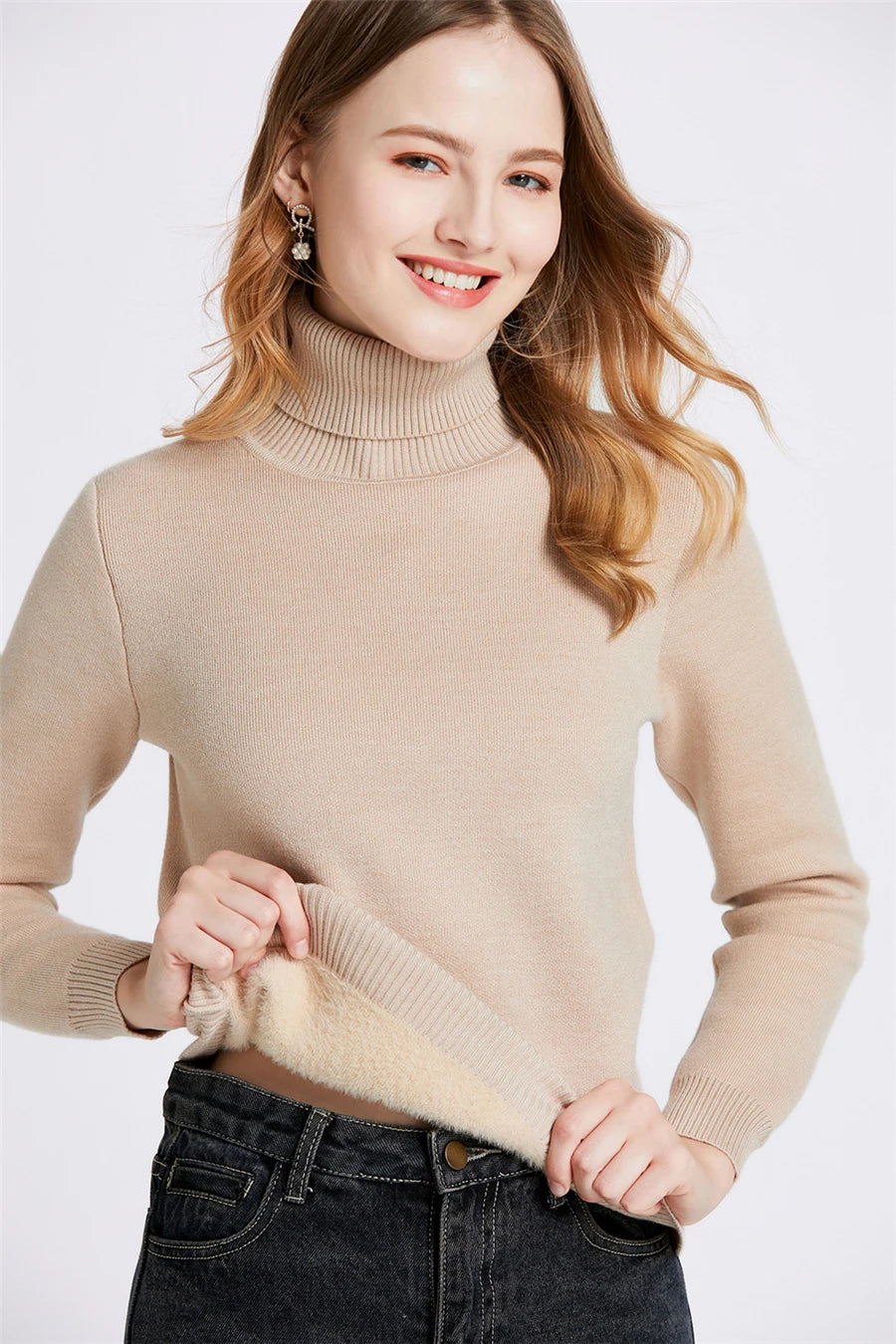 Pullover Für Frauen Winter Verdicken Rollkragen Schlank Stricken Pullover Neue Warme Plüsch Samt Gefüttert Strickwaren Jumper Tops Casual Poleras