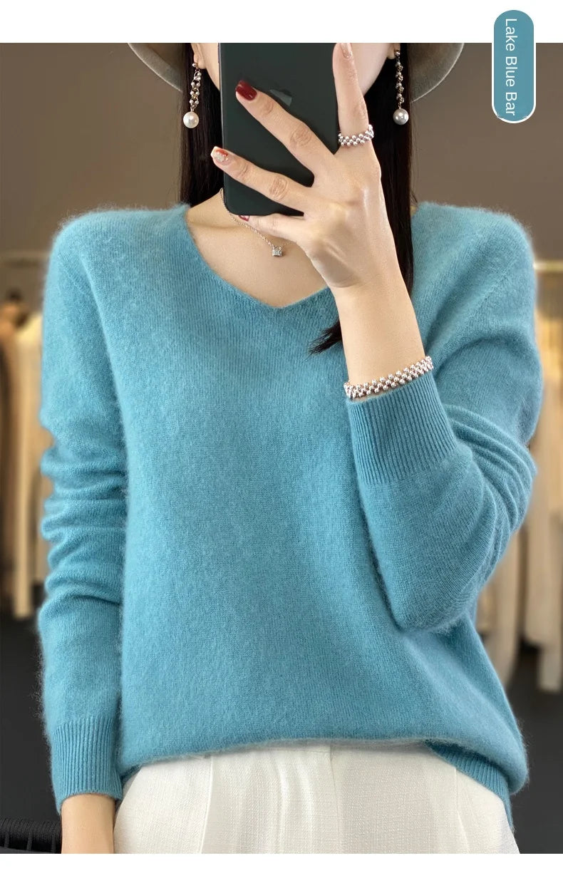 2024 100% Merino Reine Wolle V-ausschnitt Herbst Und Winter Pullover Pullover Neue Kaschmir Pullover frauen Beiläufige Gestrickte Top DMR201