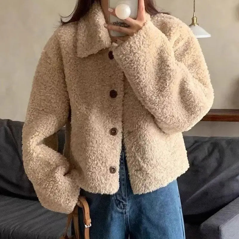 Frauen Herbst Winter Doppel Fleece Warme Verdicken Jacke drehen-unten Einreiher Kurze Oberbekleidung Lose Mode Lässig Mantel
